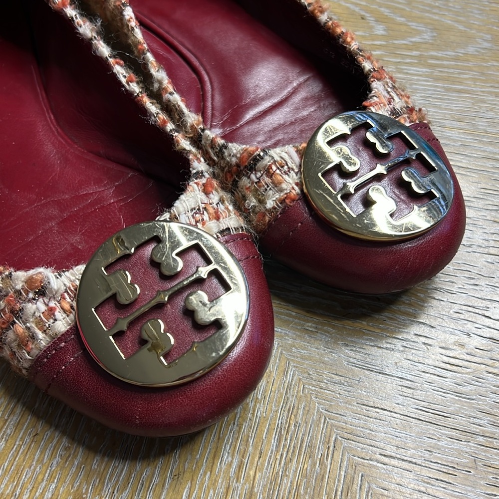 TORY BURCH Burgundy Tweed Flats 7.5 - Picture 3 of 10
